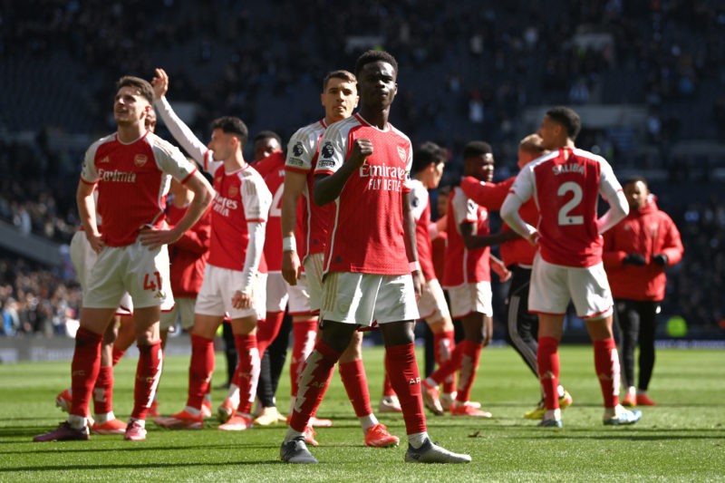 LONDON, ENGLAND - APRIL 28: Bukayo Saka of Arsenal acknowledges the fans after the team's victory during the Premier League match between Tottenham...