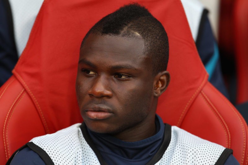 LONDON, ENGLAND - AUGUST 16: Emmanuel Frimpong of Arsenal looks on ahead of the UEFA Champions League play-off first leg match between Arsenal and ...