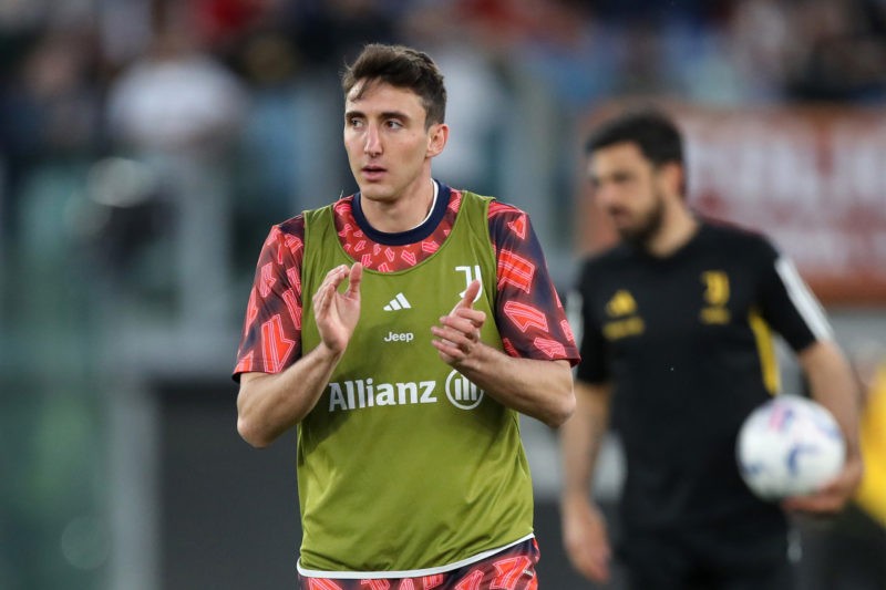 ROME, ITALY - MAY 05: Andrea Cambiaso of Juventus reacts during his warm up prior to the Serie A TIM match between AS Roma and Juventus at Stadio Olimpico on May 05, 2024 in Rome, Italy. (Photo by Paolo Bruno/Getty Images)