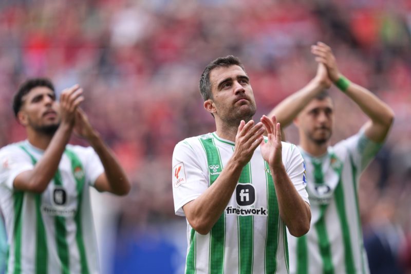 PAMPLONA, SPAIN - MAY 05: Sokratis Papastathopoulos of Real Betis applauds the fans after the team's victory in the LaLiga EA Sports match between ...