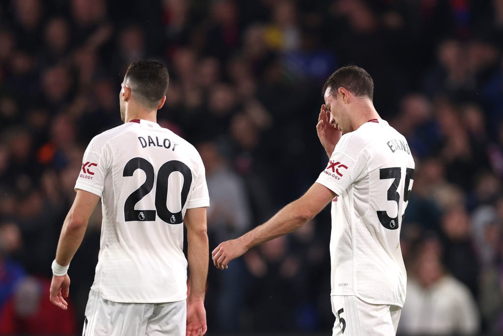 Forest-Arsenal ref set for just 7th Gunners game in 8 years 4 LONDON, ENGLAND - MAY 06: Jonny Evans and Diogo Dalot of Manchester United react during the Premier League match between Crystal Palace and Manchester United at Selhurst Park on May 06, 2024 in London, England. (Photo by Alex Pantling/Getty Images)