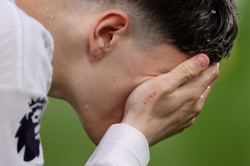 LONDON, ENGLAND - MAY 06: A detailed view of the hand tattoo of Alejandro Garnacho of Manchester United during the Premier League match between Crystal Palace and Manchester United at Selhurst Park on May 06, 2024 in London, England. (Photo by Alex Pantling/Getty Images)