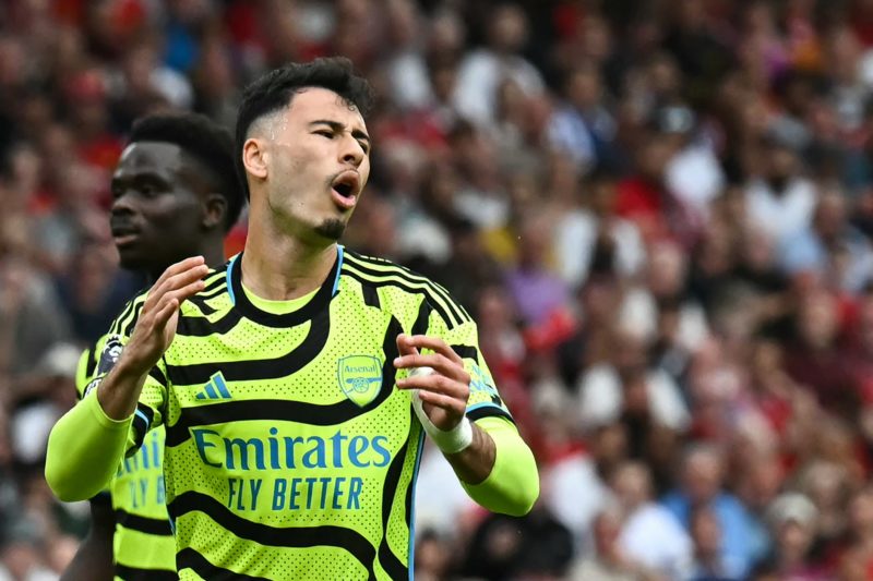 Arsenal's Brazilian midfielder #11 Gabriel Martinelli reacts during the English Premier League football match between Manchester United and Arsenal...