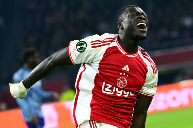 Ajax's Dutch forward #09 Brian Brobbey reacts during the UEFA Conference League round of 16 football match between Ajax Amsterdam and Aston Villa F...