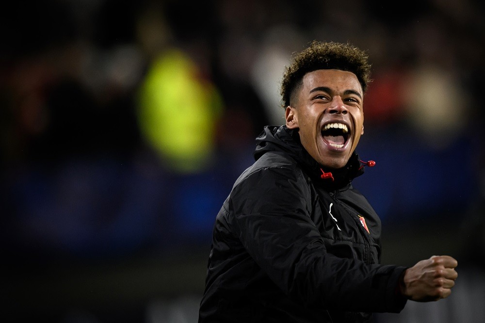 Rennes' Desire Doue celebrates after winning the penalty shoot-out of the French Cup round of 32 football match between Stade Rennais and Olympique...