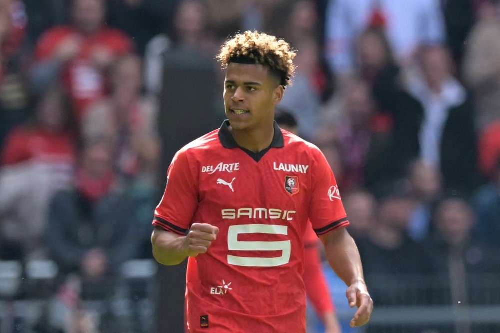 Rennes' Desire Doue reacts during the French L1 football match between FC Lorient and Toulouse FC at Stade du Moustoir in Lorient, western France, on April 28, 2024. (Photo by LOU BENOIST/AFP via Getty Images)