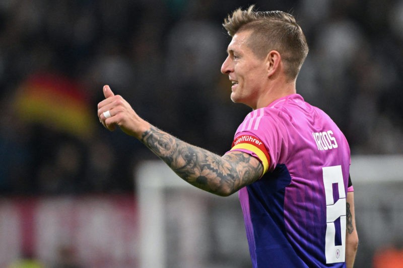 Germany's midfielder #08 Toni Kroos reacts during the friendly football match between Germany and Netherlands in Frankfurt, western Germany, on March 26, 2024. (Photo by KIRILL KUDRYAVTSEV/AFP via Getty Images)