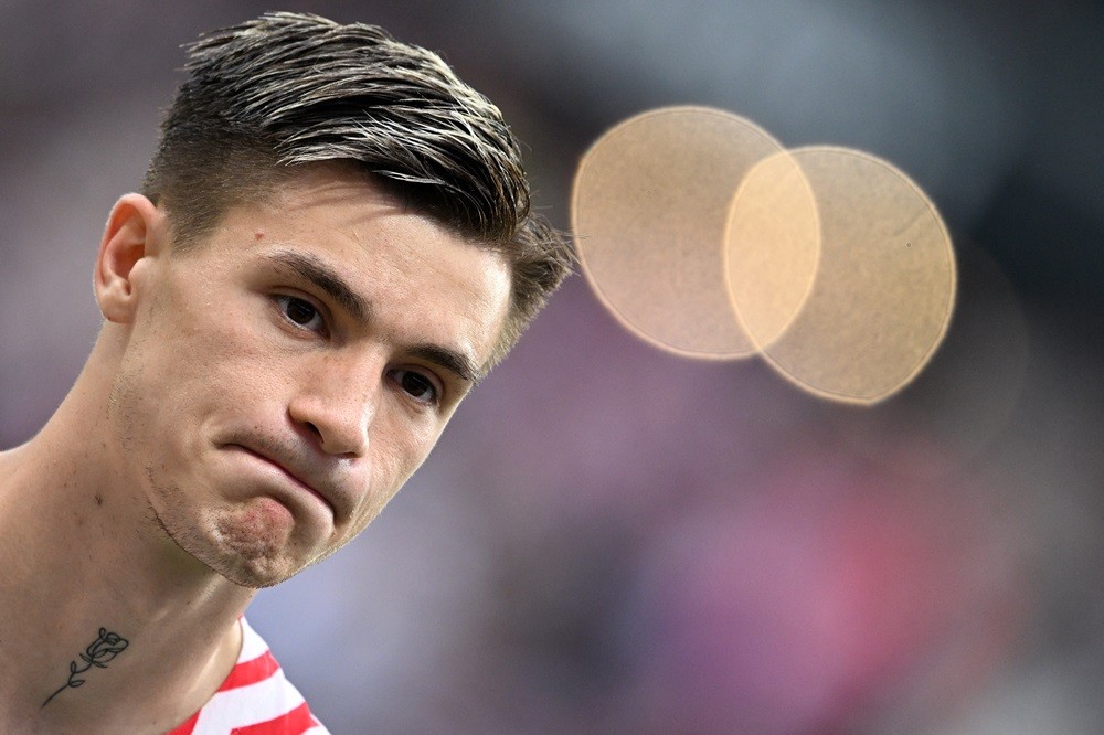 Leipzig's Benjamin Sesko reacts during the German first division Bundesliga football match between Eintracht Frankfurt and RB Leipzig in Frankfurt ...