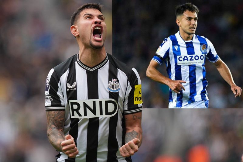 Newcastle United's Brazilian midfielder #39 Bruno Guimaraes reacts to their third goal during the English Premier League football match between New...