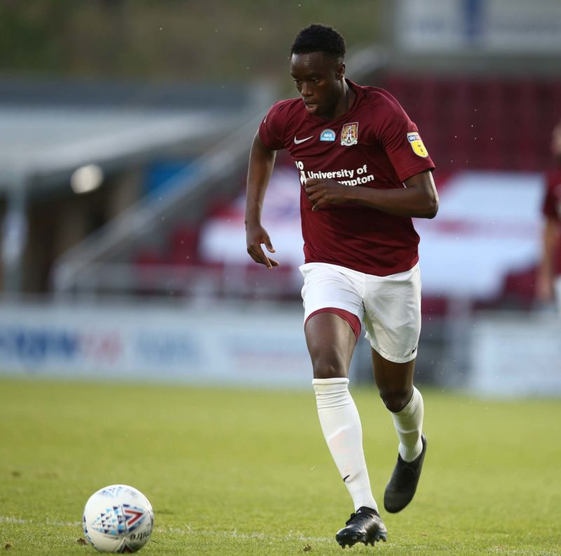 NORTHAMPTON, ENGLAND - JUNE 18: James Olayinka of Northampton Town in action during the Sky Bet League Two Play Off Semi-final 1st Leg match betwee...