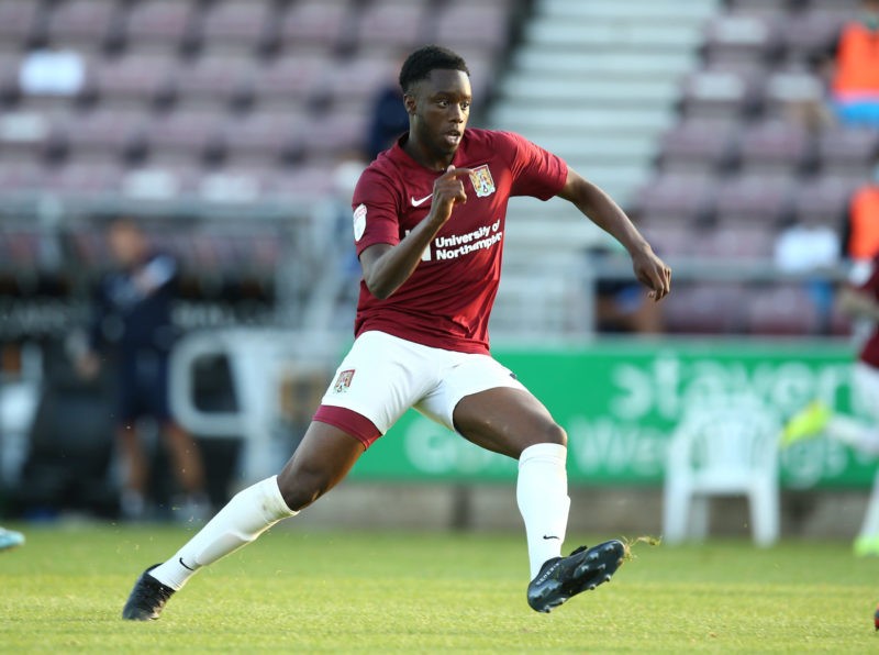 Arsenal Academy graduate released 2 NORTHAMPTON, ENGLAND - JUNE 18: James Olayinka of Northampton Town in action during the Sky Bet League Two Play Off Semi-final 1st Leg match between Northampton Town and Cheltenham Town at PTS Academy Stadium on June 18, 2020 in Northampton, England. (Photo by Pete Norton/Getty Images)