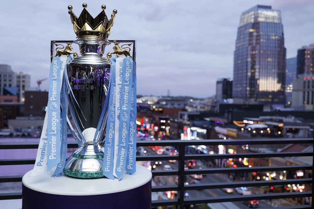 NASHVILLE, TENNESSEE: The Premier League Trophy is seen in front of the Nashville downtown area during the Premier League Mornings Live Welcome Par...