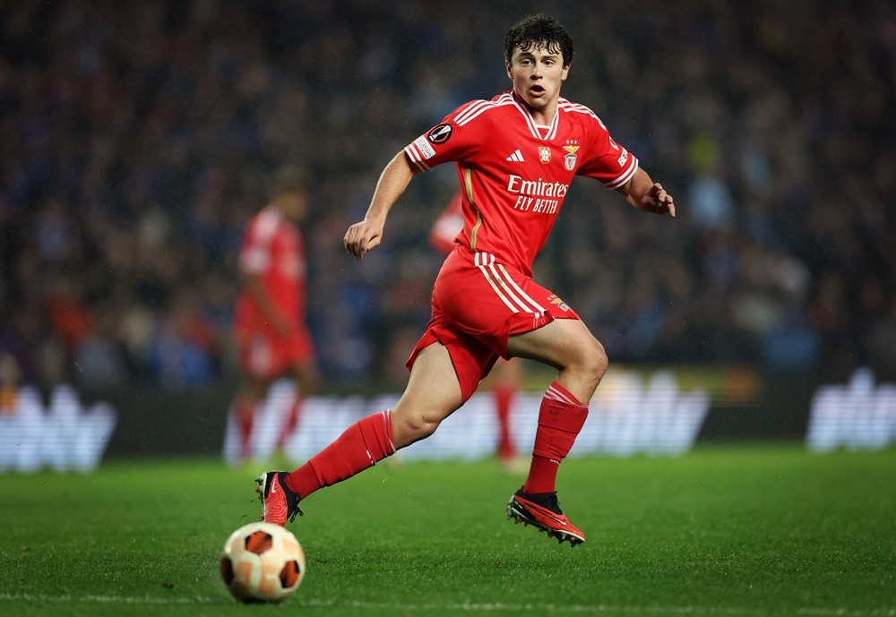 GLASGOW, SCOTLAND: João Neves of SL Benfica is seen during the UEFA Europa League 2023/24 round of 16 second leg match between Rangers FC and SL Be...