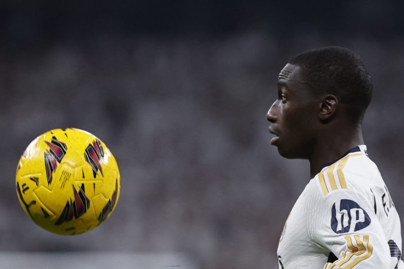 TOPSHOT - Real Madrid's French defender #23 Ferland Mendy stares at the ball during the Spanish league football match between Real Madrid CF and Cl...