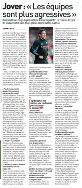 Arsenal's set-piece mastermind Nicolas Jover on the secrets to success 3 Jover: "The teams are more aggressive" Responsible for set-pieces at Arsenal since 2021, the Frenchman deciphers the trends and the weight of these phases in modern football. L'Équipe30 Jun 2024 You only have to watch Arsenal play to know him: at every corner, every free kick, Mikel Arteta backs down and gives way to Nicolas Jover on the sidelines to command or simply supervise the sequence. "The ideal is not to intervene, but it's not folklore and, sometimes, it allowed us to score, " supports the 42-year-old Frenchman, boss of set-pieces (CPA) at Arsenal, since 2021, after having already held this position when he arrived in England, at Brentford (2016-2019), then at Manchester City (2019-2021) with Pep Guardiola. In his field, he is one of the best in the world, having started his career as a video analyst in Montpellier. At the heart of the Euro, he evokes the place of CPAs and their evolution in modern football. "The higher the level, the more CPAs matter: is this a misconception? It reminds me of the historical blockage on CPAs even ten years ago, when it was said that it was the weapon of the weak. But I was hired by Manchester City, then Arsenal: everyone wants to profit from everything, there are no reasons to deprive themselves of a weapon like CPAs to win. CPAs were seen as marginal gains, but at 20%, they are essential gains. Today, I no longer need to convince the players, but, at the beginning, I was telling them: "We can increase your salary by 20%, what do you think?”But the percentage doesn't interest me much: I don't want us to score less in the dynamic game… Does VAR have an impact? It plays tricks on those who were playing the offside, especially on free kicks. They are often at the limit and now, to the nearest centimeter, it can be expensive. VAR also has an impact on defensive corners, on individual marking, on the way to contain or hold players. Is the number of players present in the surface on CPA changing? Yes, we have seen an evolution this year. What was simply related to the context, before, when seven attacking players found themselves in the box in situations at the end of the match when it was necessary to score, we see it more often at 0-0. The teams are more aggressive. When we work an offensive CPA, we also work the following counter? We attach as much importance to it. Five or six years ago, it wasn't identified as much. Now, very clearly, we see very definite intentions on how to attack in the second phase, and the moment of transition when the attacking team must reorganize to defend. “After seven or eight matches, a combination can work again it's doing 'it' The size, all the difference? This is one element, among others, aggressiveness, timing. But a big, aggressive one with good timing is perfect (smile). With us, for example, Gabriel Martinelli has very good timing, he is dynamic, aggressive, has confidence in himself and wants to score. Sometimes players who are a little less mobile don't take advantage of their large size. So it's not enough. Are screens widespread today? Yes, they are widely used. The principle is to stay at the limit, depending on cultural differences in arbitration. We were surprised, sometimes, in the Champions League, where we saw that defenders deliberately fall to influence the referee. But, in England, it's bold, because the referee doesn't blow the whistle. How long does an invention remain effective? At Arsenal, this season, we saw at the end of the season a cell of players at the third post, along the line… We've done it before, even in years past. In fact, it depends on the number of matches during which we have an opponent. After seven or eight matches, a combination can work again. Are CPAs, at the defensive level, based mainly on individual responsibility? It exists but it is a team that takes a goal. When a player is beaten, it doesn't mean that the others have to watch and be passive. It's like in the dynamic game, when one player is beaten, the others must intervene. It's more difficult because it goes very quickly, but sometimes it's possible. What is the majority trend? Individual marking, zone, or mixed? It's cultural. In Portugal, for example, they are almost all in the zone. In the French national team, in general, there are two players in the zone and five or six in individual marking. We call it mixed, but in my personal classification, up to three players in the zone and the others in individual marking, it's still individual marking, since no opponent will be free. The zone, for me, is from four, since there at least one attacking player will be free. The secret is to target an area? If it's a secret I won't say it, but if you're targeting a small area, you're going to have to rely on a great shooter, and everything will fall apart if the ball doesn't arrive in the area. So, there are different approaches depending on the characteristics of the players. The secret is rather to exploit these characteristics. What would be the main principles to apply? I still haven't identified a golden rule. We learn, we discover, we experiment, we try to get the best out of the players, see what they believe in, and go together. I am not convinced that there are principles that work in all contexts and constantly. There is aggressiveness, individual responsibility within a collective, defined roles, the choice to target, one, two or three players, but there is no truth. Everton are very effective from the corner by doing exactly the same thing, all the time. Other teams change every match. City were very effective two years ago, less so this year, changing every game. The quality of the execution is essential.»