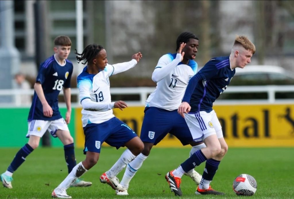 Arsenal book London visit for young Scottish transfer target 4 Callan Hamill playing for the Scotland u15s (Photo via Hamill on Instagram)