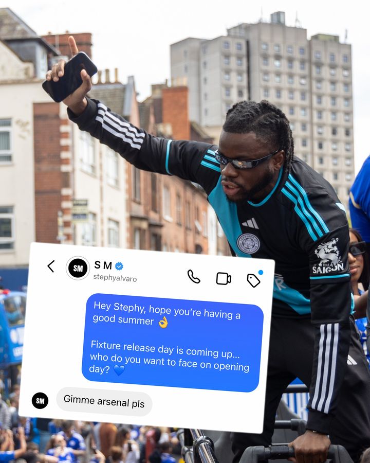 LEICESTER, ENGLAND: Stephy Mavididi of Leicester City during the Championship trophy parade on May 5, 2024 in Leicester, England. (Photo by Plumb Images/Leicester City FC via Getty Images)