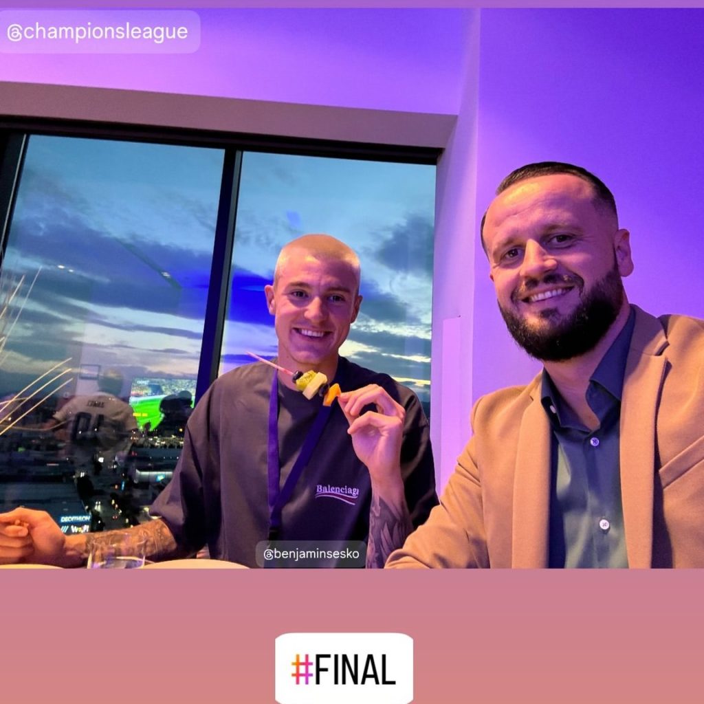 Arsenal target pictured in London with decision expected soon 3 Benjamin Sesko and his agent attend the Champions League final (Photo via Elvis Basanovic on Instagram)