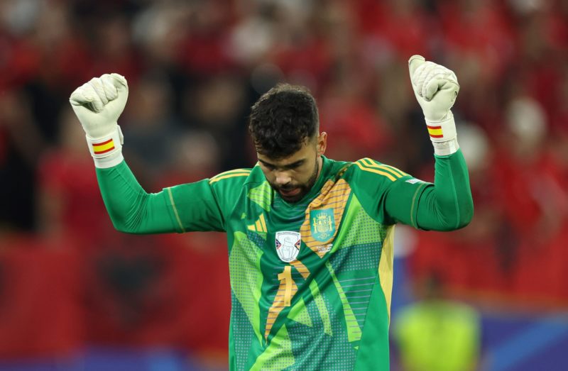 DUSSELDORF, GERMANY - JUNE 24: David Raya of Spain celebrates after the team's victory in the UEFA EURO 2024 group stage match between Albania and ...