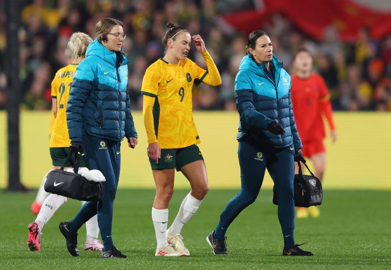 ADELAIDE, AUSTRALIA - MAY 31: Caitlin Foord of Australia taken from the pitch by medical staff during the international friendly match between Aust...