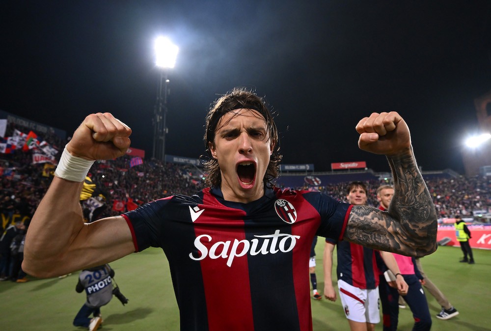 BOLOGNA, ITALY: Riccardo Calafiori of Bologna FC celebrates after the Serie A TIM match between Bologna FC and US Sassuolo at Stadio Renato Dall'Ar...