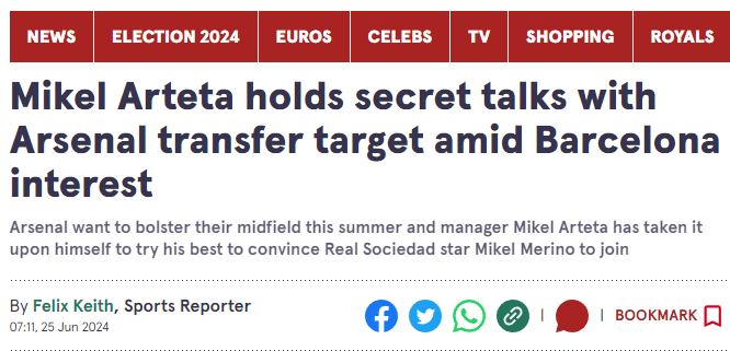 Mikel Arteta holds secret talks with Arsenal transfer target amid Barcelona interest Arsenal want to bolster their midfield this summer and manager Mikel Arteta has taken it upon himself to try his best to convince Real Sociedad star Mikel Merino to join Mikel Arteta, wearing a black, buttoned shirt, speaking into an orange microphone for a video Mikel Arteta has spoken to Mikel Merino to try and convince him to join Arsenal (Image: BBC Sport) NEWS ELECTION 2024 EUROS CELEBS TV SHOPPING ROYALS ByFelix KeithSports Reporter 07:11, 25 Jun 2024