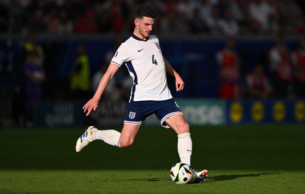 Declan Rice injury update after England training absence 3 FRANKFURT AM MAIN, GERMANY - JUNE 20: England player Declan Rice in action during the UEFA EURO 2024 group stage match between Denmark and England at Frankfurt Arena on June 20, 2024 in Frankfurt am Main, Germany. (Photo by Stu Forster/Getty Images)