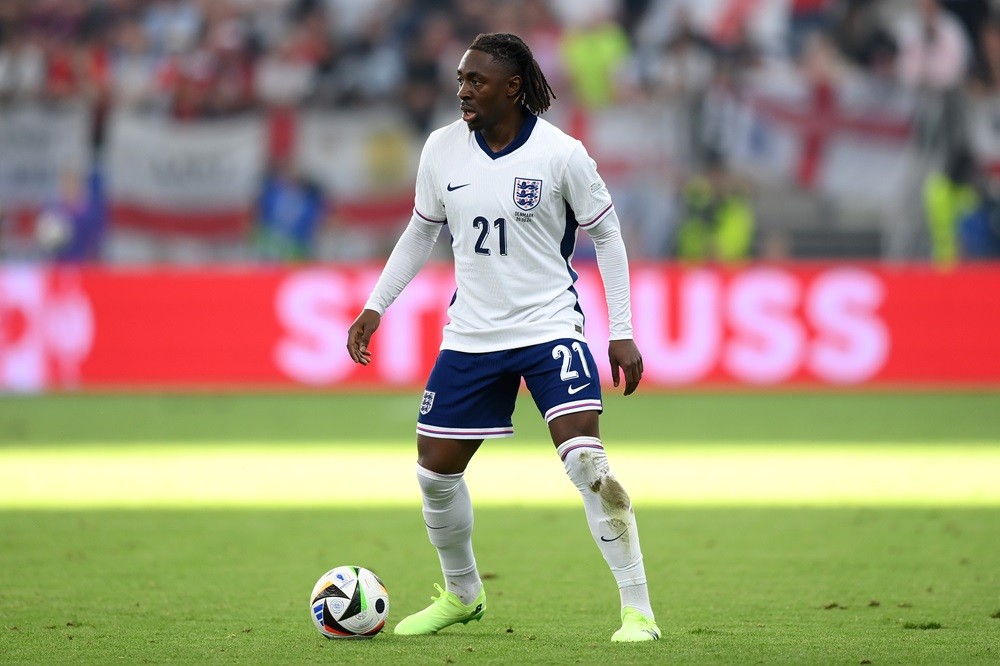 FRANKFURT AM MAIN, GERMANY: Eberechi Eze of England during the UEFA EURO 2024 group stage match between Denmark and England at Frankfurt Arena on J...