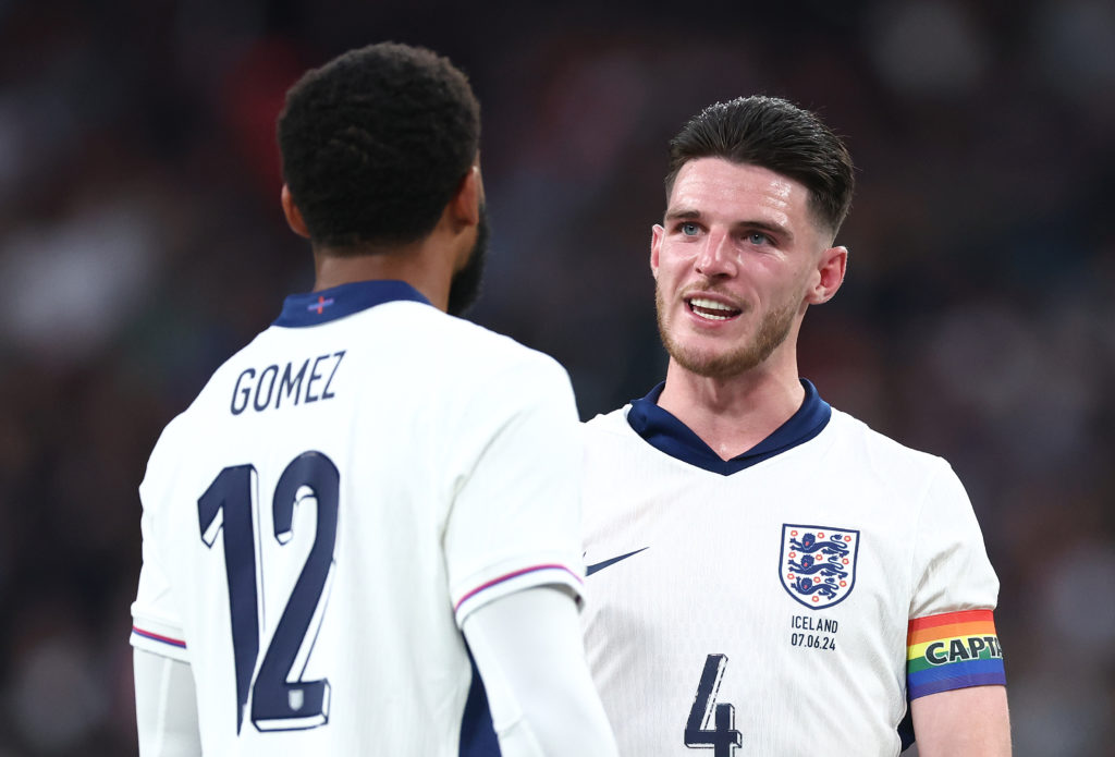 LONDON, ENGLAND - JUNE 07: Declan Rice of England speaks to team mate Joe Gomez during the international friendly match between England and Iceland at Wembley Stadium on June 07, 2024 in London, England. (Photo by Alex Pantling/Getty Images)