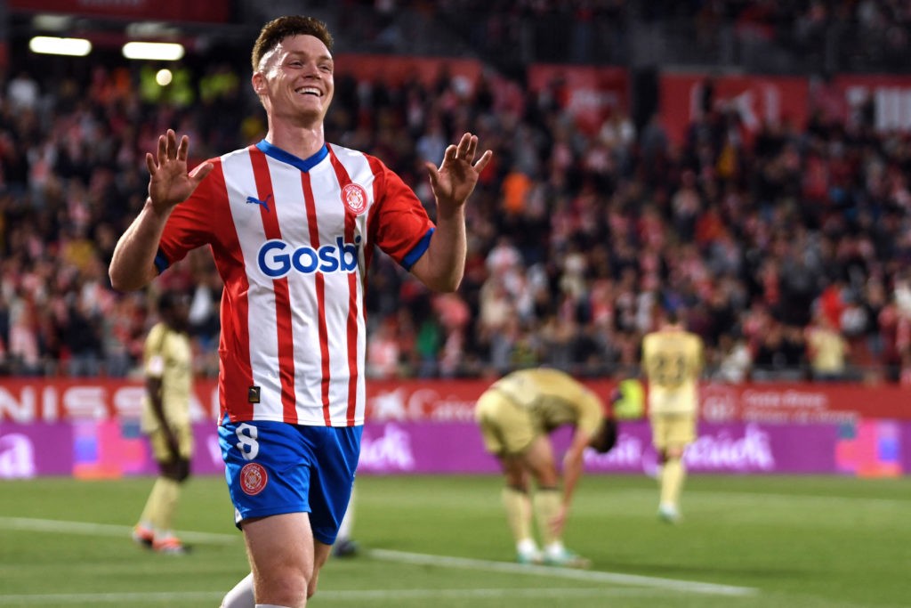 Girona's Ukrainian forward #08 Viktor Tsygankov celebrates scoring his team's second goal during the Spanish league football match between Girona FC and Granada FC at the Montilivi stadium in Girona on May 24, 2024. (Photo by MANAURE QUINTERO/AFP via Getty Images)