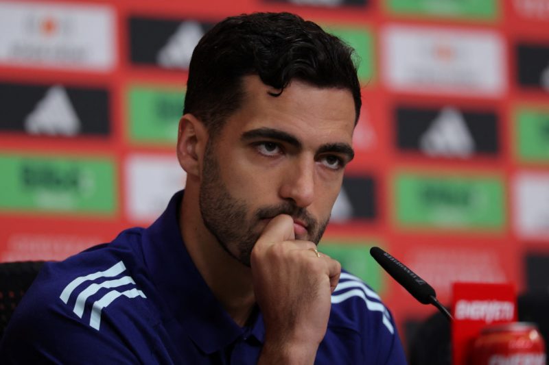 Spain's midfielder #06 Mikel Merino addresses a press conference of Spain's national football team, ahead of the UEFA Euro 2024 European football C...