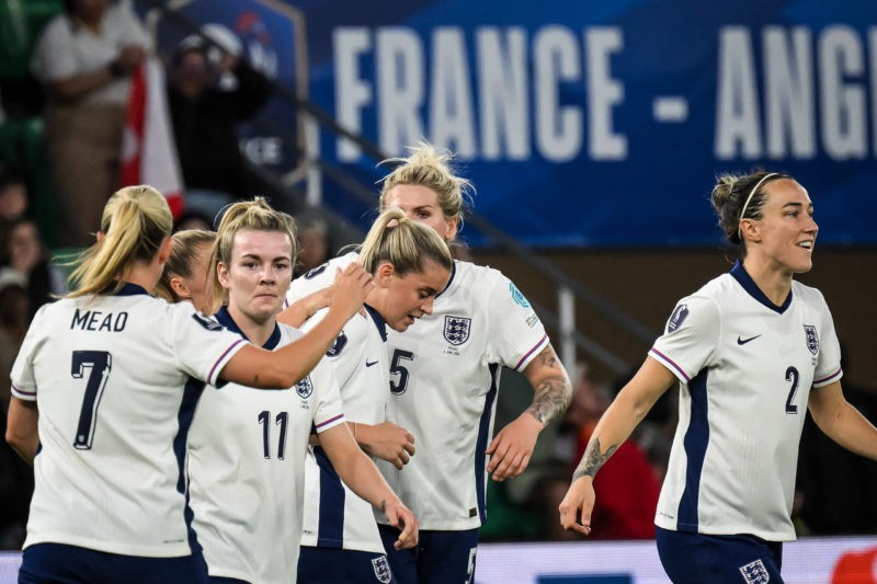 England's forward Alessia Russo #09 (C) celebrates after scoring a goal during the UEFA Women's Euro 2025 League A Group 3 qualifying football match between France and England at Geoffroy Guichard stadium in Saint-Etienne, on June 4, 2024. (Photo by JEFF PACHOUD/AFP via Getty Images)
