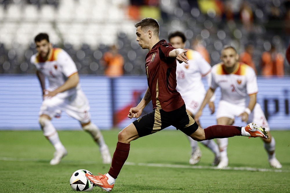 Belgium's Leandro Trossard scores a penalty during the International friendly football match between Belgium and Montenegro at the Baudoin King Sta...