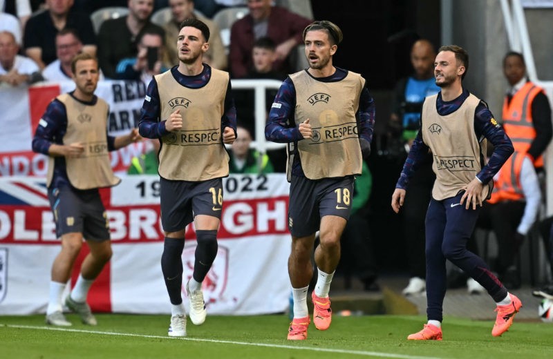 England's striker #20 Harry Kane (L), England's midfielder #16 Declan Rice (2L), England's midfielder #18 Jack Grealish (2R) and England's midfield...
