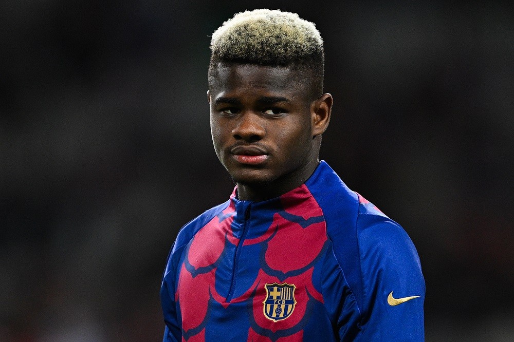 BARCELONA, SPAIN: Mikayil Faye of FC Barcelona looks on prior to the LaLiga EA Sports match between FC Barcelona and UD Las Palmas at Estadi Olimpic Lluis Companys on March 30, 2024. (Photo by David Ramos/Getty Images)