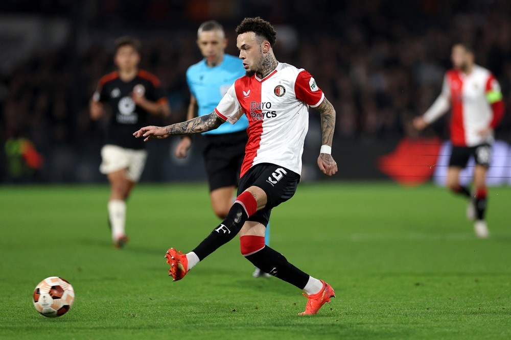 ROTTERDAM, NETHERLANDS: Quilindschy Hartman of Feyenoord in action during the UEFA Europa League 2023/24 Knockout Round Play-offs First Leg match b...