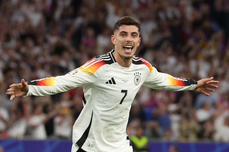 MUNICH, GERMANY: Kai Havertz of Germany celebrates scoring his team's third goal from the penalty-spot during the UEFA EURO 2024 group stage match ...