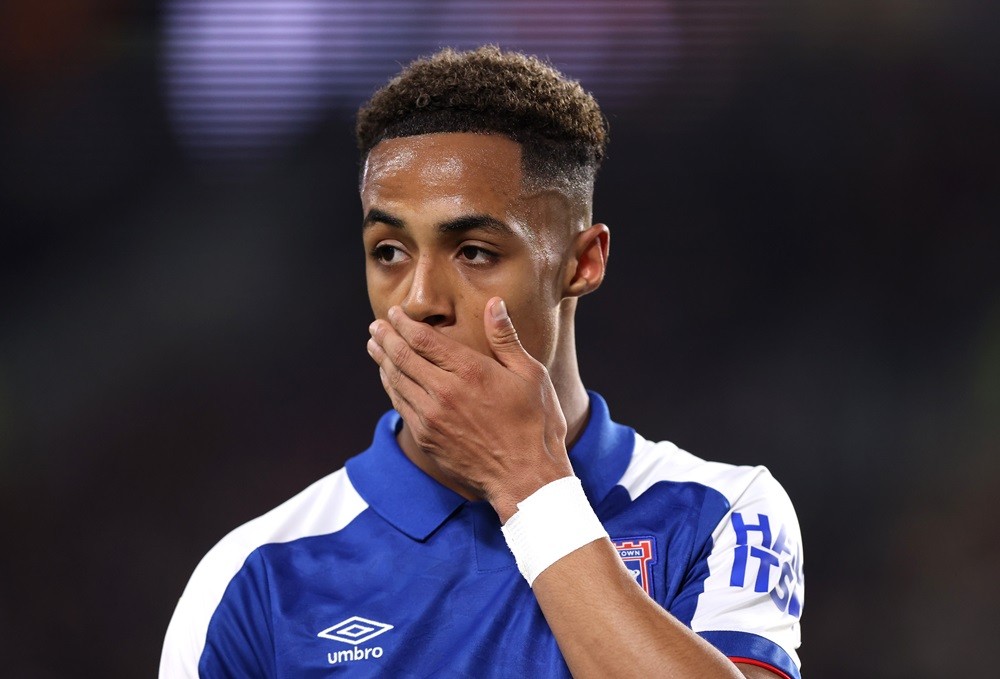 HULL, ENGLAND: Omari Hutchinson of Ipswich Town reacts during the Sky Bet Championship match between Hull City and Ipswich Town at MKM Stadium on A...