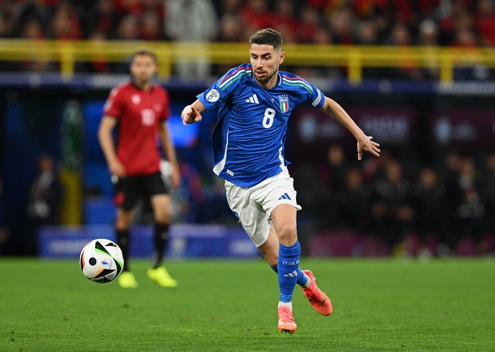 DORTMUND, GERMANY: Jorginho of Italy runs with the ball during the UEFA EURO 2024 group stage match between Italy and Albania at Football Stadium Dortmund on June 15, 2024. (Photo by Claudio Villa/Getty Images for FIGC)