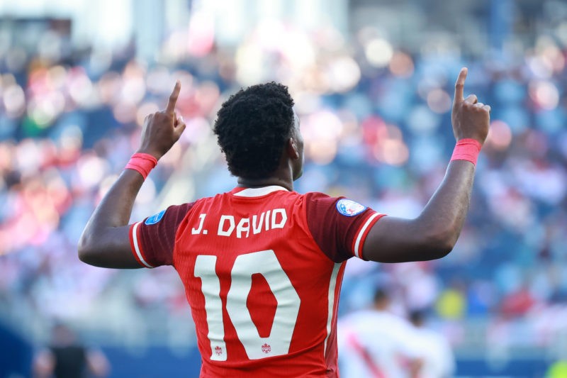 KANSAS CITY, KANSAS - JUNE 25: Jonathan David of Canada celebrates after scoring the team's first goal during the CONMEBOL Copa America 2024 between Peru and Canada at Children's Mercy Park on June 25, 2024 in Kansas City, Kansas. (Photo by Hector Vivas/Getty Images)