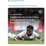 Bukayo Saka on the ground with a pained expression, accompanied by the Telegraph Football headline "England finalised their Euro 2024 preparations in far-from-ideal fashion.