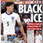 John Stones and Bukayo Saka during the match, with the Daily Star Sport headline "BLACK ICE," highlighting England's loss to Iceland and Stones' injury.