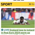 Bukayo Saka lying on the ground during a match, with the BBC Sport headline "LIVE England lose to Iceland in final Euro 2024 warm-up game - report & reaction."