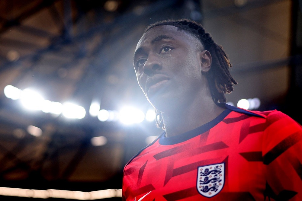 GELSENKIRCHEN, GERMANY: Eberechi Eze of England looks on prior to the UEFA EURO 2024 group stage match between Serbia and England at Arena AufSchal...