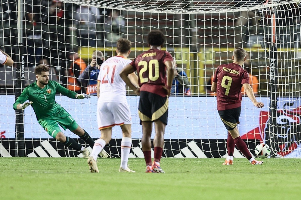 Belgium's Leandro Trossard scores a penalty during a friendly match between Belgian national team Red Devils and the national team of Montenegro, at the King Baudouin Stadium, in Brussels, Wednesday 05 June 2024. (Photo by BRUNO FAHY/BELGA MAG/AFP via Getty Images)