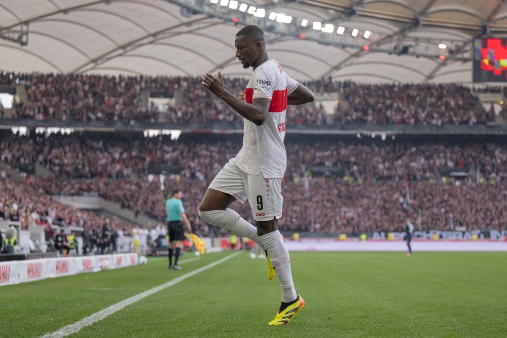 STUTTGART, GERMANY: Serhou Guirassy of VfB Stuttgart celebrates during the Bundesliga match between VfB Stuttgart and 1. FC Heidenheim 1846 at MHPA...