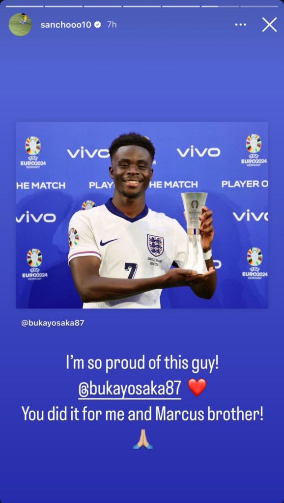 Manchester United forward sends heartwarming message to Bukayo Saka 4 Jadon Sancho to Bukayo Saka on his Instagram story