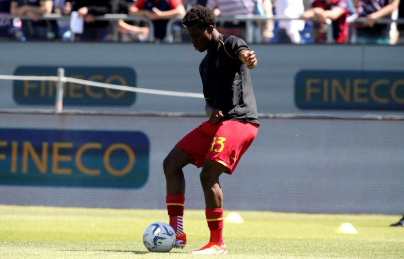 CAGLIARI, ITALY - MAY 05: Patrick Dorgu of Lecce warms up before the Serie A TIM match between Cagliari and US Lecce at Sardegna Arena on May 05, 2...