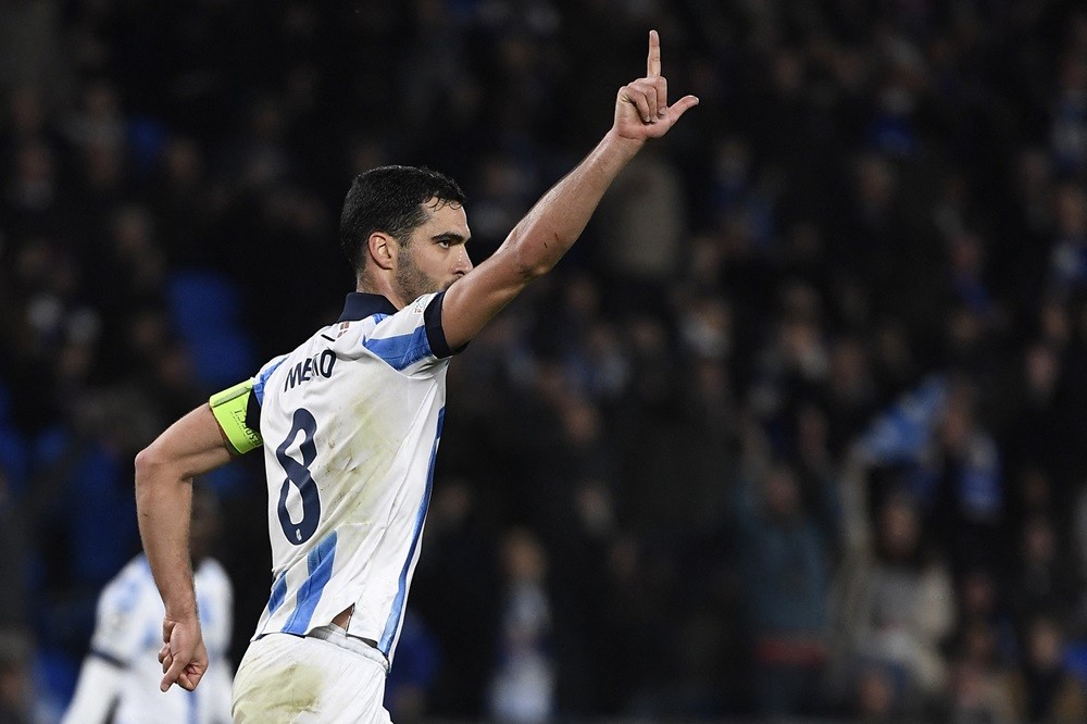 Real Sociedad's Mikel Merino celebrates his goal during the UEFA Champions League last 16 second leg football match between Real Sociedad and Paris...