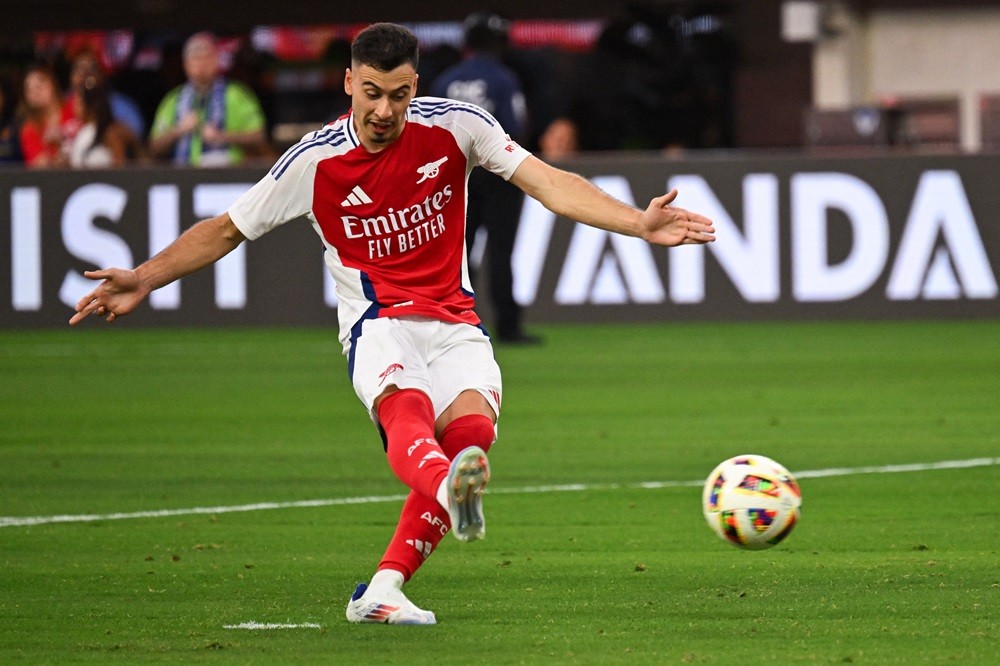 Arsenal's Gabriel Martinelli scores a penalty kick during the pre-season club friendly football match between Manchester United FC and Arsenal FC a...